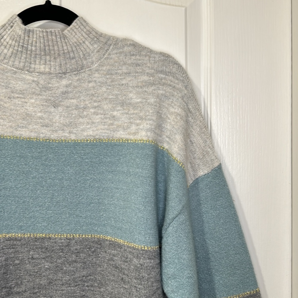 H Halston mock neck sweater, blue and gray striped with gold detail, size L - Picture 9 of 14